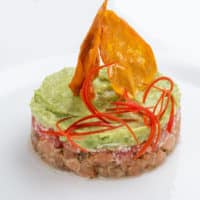 Tartar with salmon and avocado mousse. On white background
