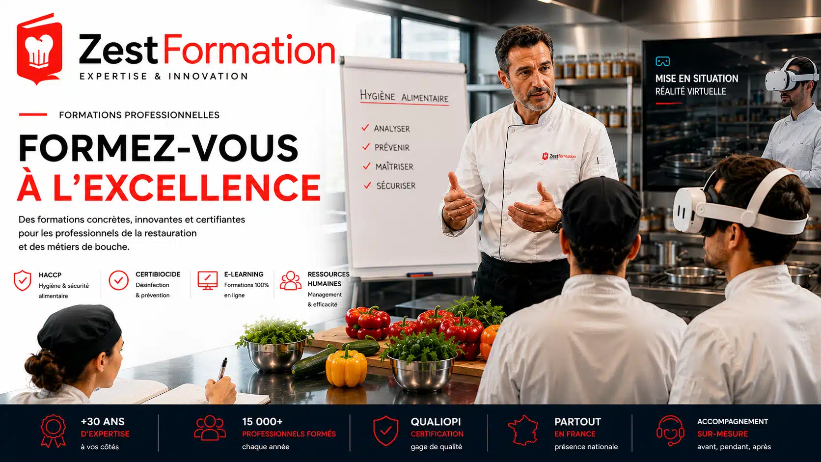 Formateur ZESTFORMATION animant une formation HACCP en hygiène alimentaire avec des professionnels de la restauration utilisant une pédagogie innovante et la réalité virtuelle.
