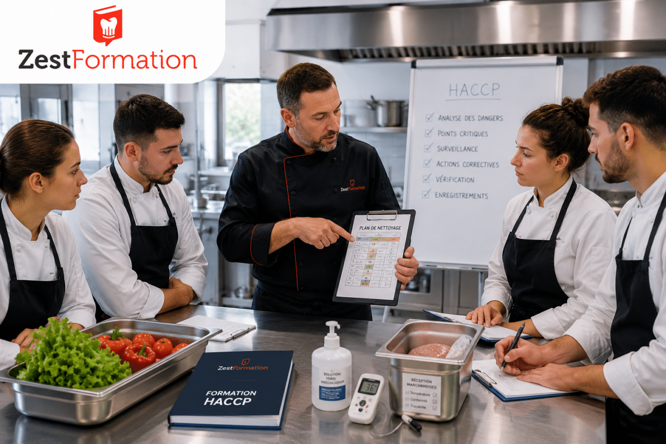 Formateur ZESTFORMATION animant une formation HACCP en restauration commerciale auprès de professionnels dans une cuisine pédagogique