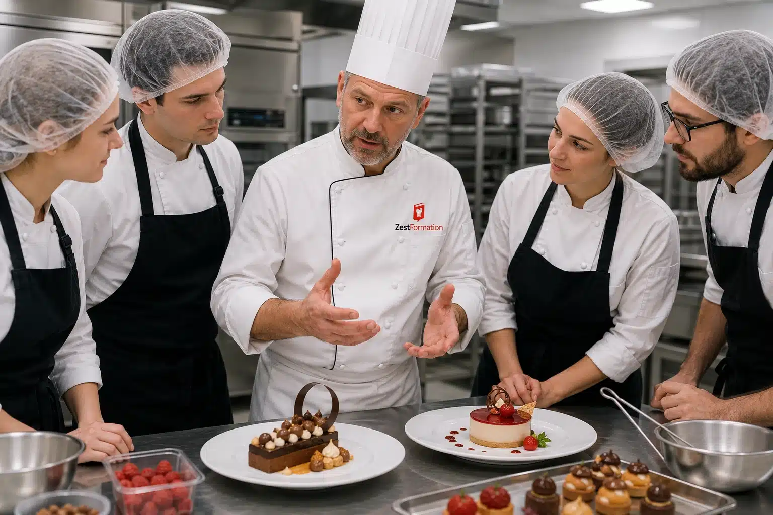 Formateur ZESTFORMATION échange avec une équipe sur le dressage des desserts de restaurant