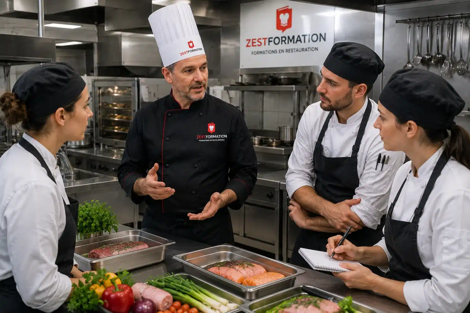 Expertise ZESTFORMATION – Formation Cuisson Basse Température Formateur ZESTFORMATION échangeant avec une équipe lors d'une formation cuisson basse température