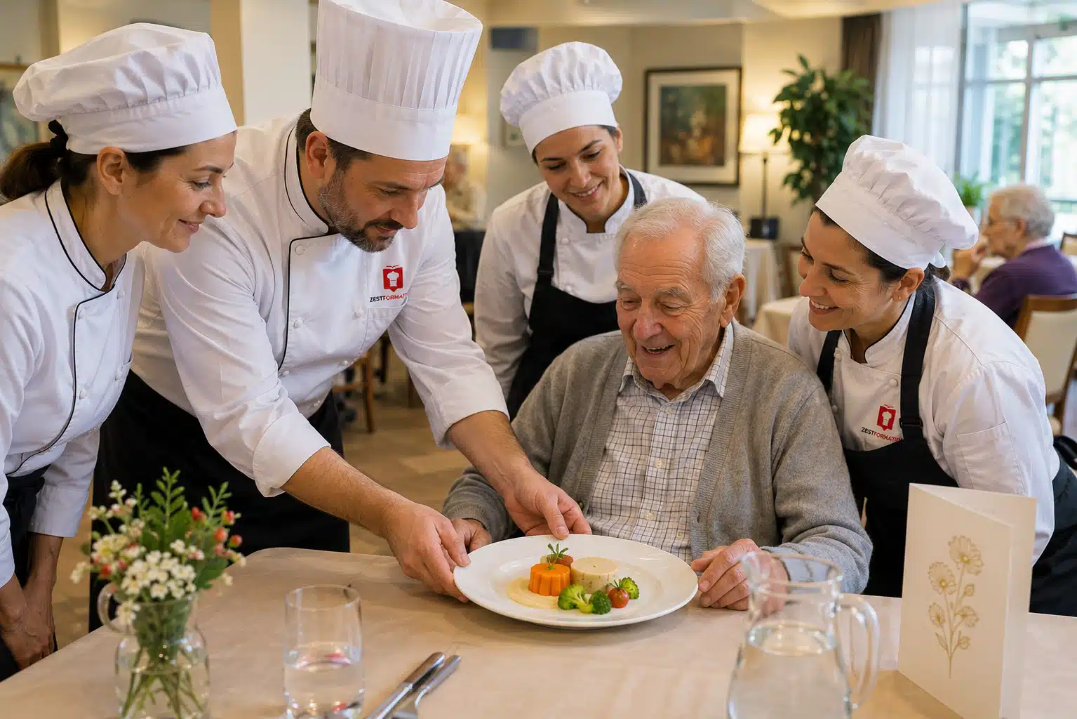 Formateur ZESTFORMATION et équipe de cuisine EHPAD présentant une assiette en textures modifiées à un résident