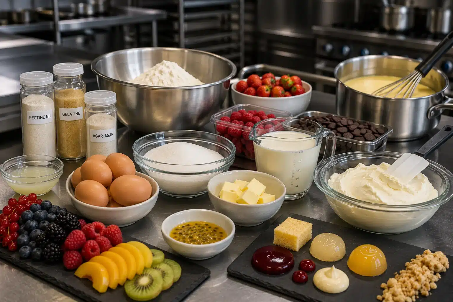 Produits et textures utilisés en pâtisserie de restaurant