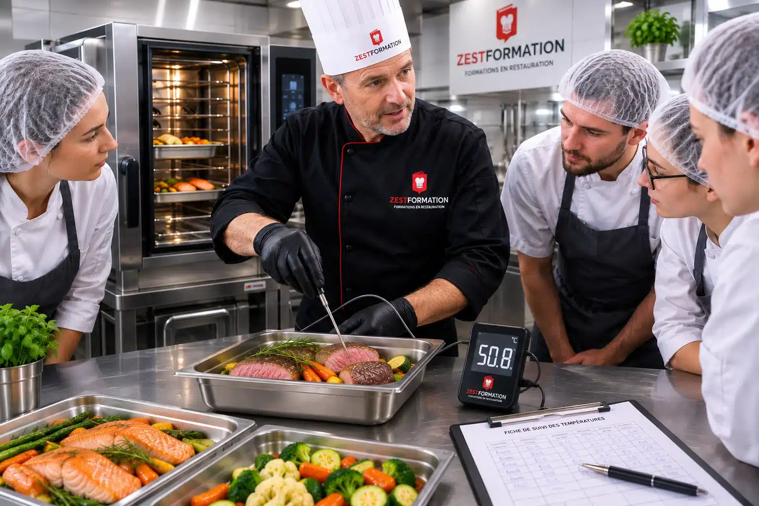 Mise en situation – Formation Cuisson Basse Température Formateur ZESTFORMATION et stagiaires en mise en situation de cuisson basse température