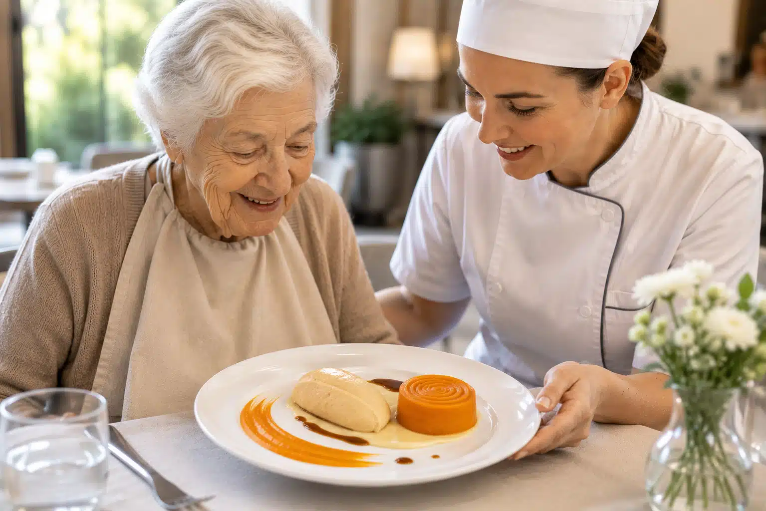 Repas en textures modifiées pour personne âgée accompagné par une professionnelle en EHPAD