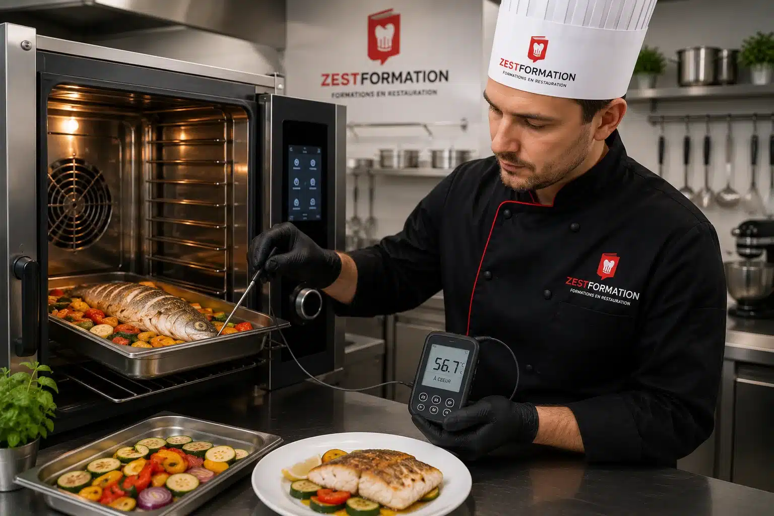 Temps et température à cœur – Cuisson Basse Température Contrôle à cœur d’un poisson lors d’une formation cuisson basse température en cuisine professionnelle