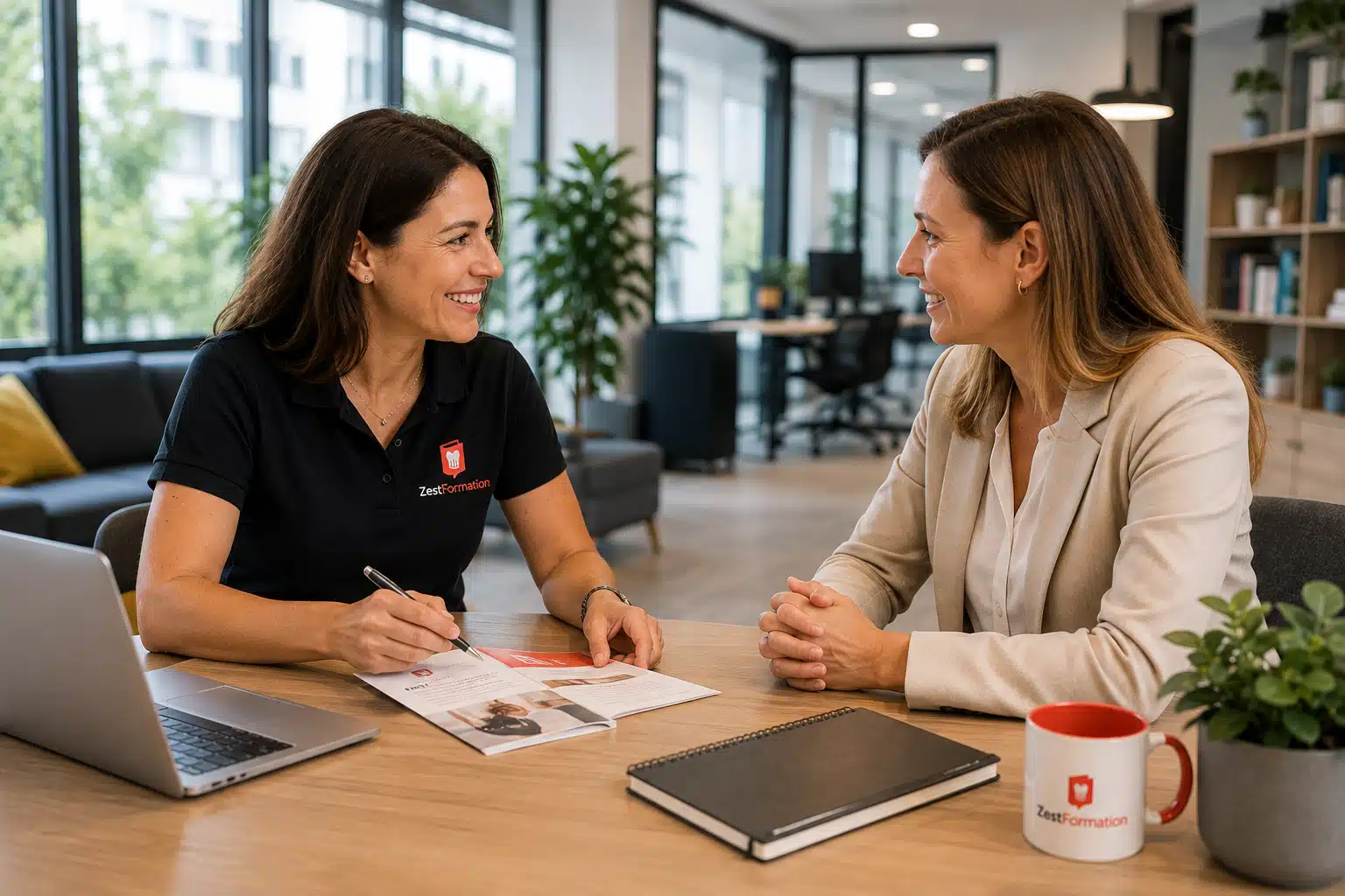 Conseillère ZESTFORMATION échangeant avec une responsable RH sur le choix d’une formation professionnelle