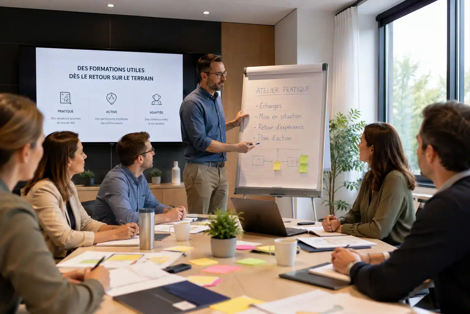 Atelier de formation professionnelle avec échanges, exercices et mises en situation