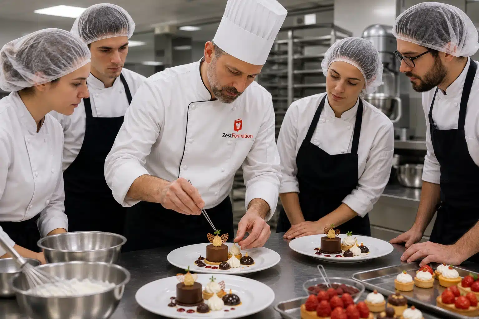 Formation Desserts de Restaurant ZESTFORMATION avec formateur et stagiaires en atelier pratique