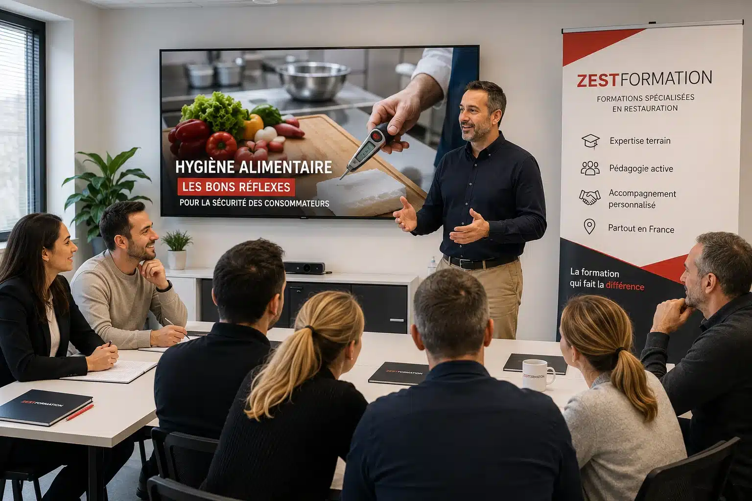 Formateur expert ZESTFORMATION animant une formation Hygiène Alimentaire auprès de professionnels de la restauration