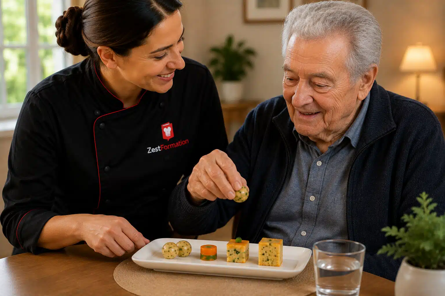 Formation Manger Mains : personne âgée mangeant une préparation adaptée avec les doigts