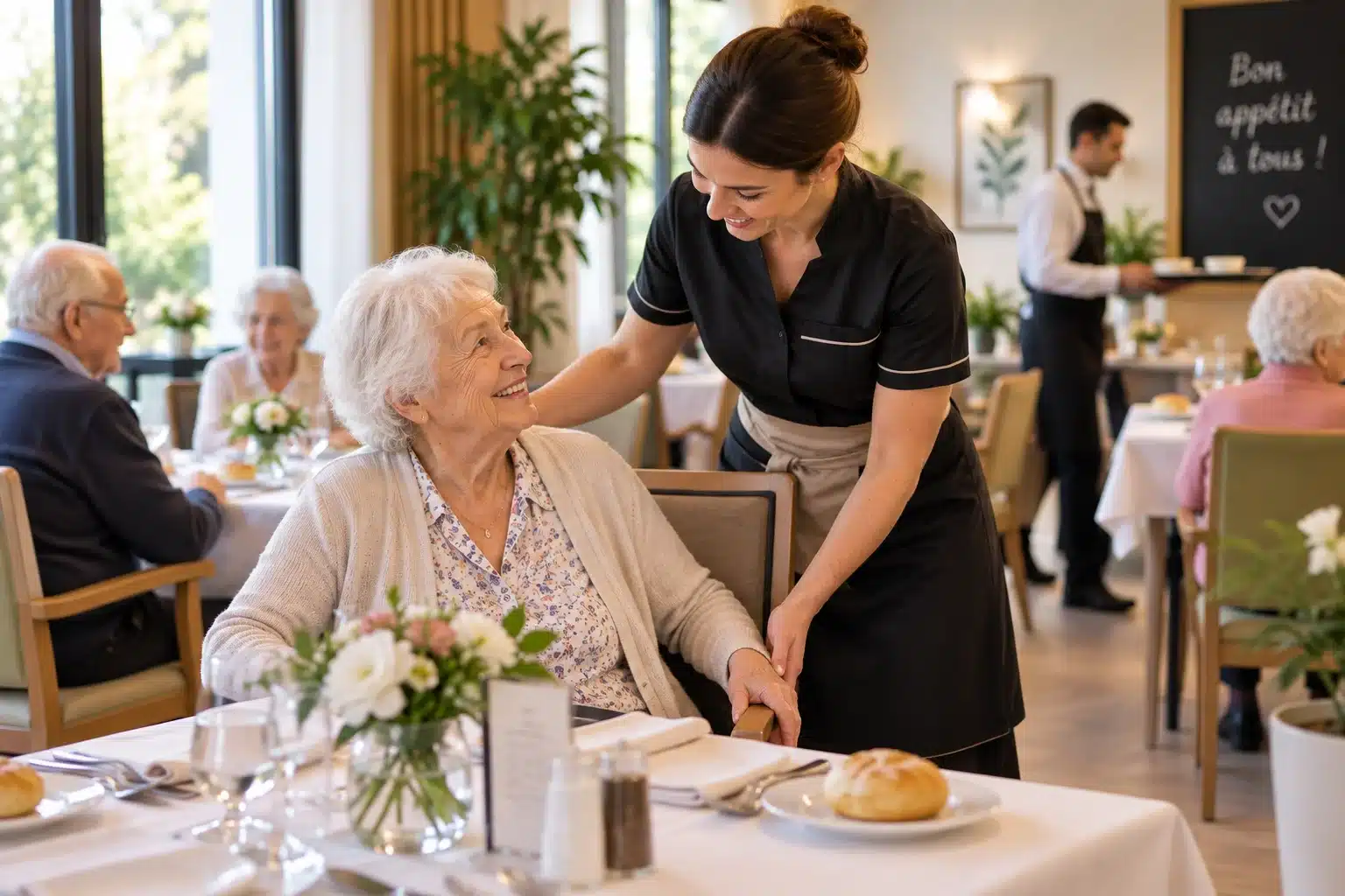 Accueil et installation d’un résident en salle de restaurant en EHPAD