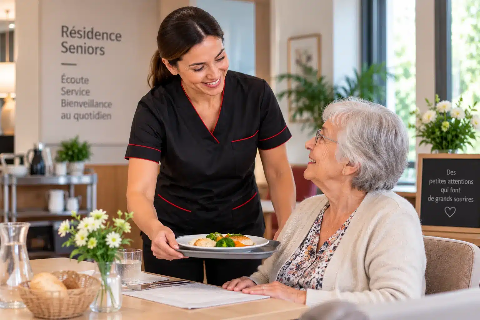 Agent polyvalent accompagnant une résidente en résidence seniors