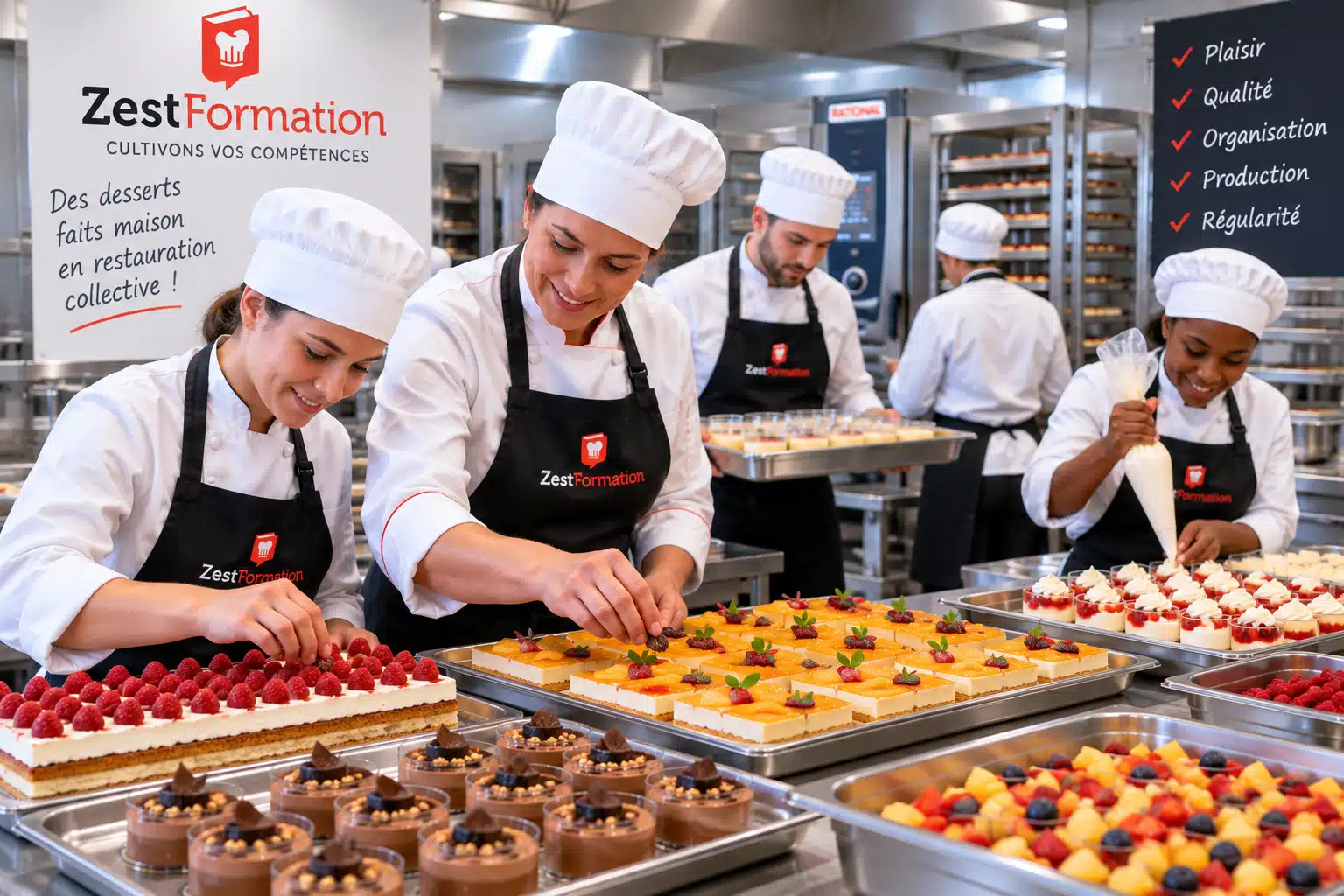 Atelier de pâtisserie en restauration collective avec production de desserts en série