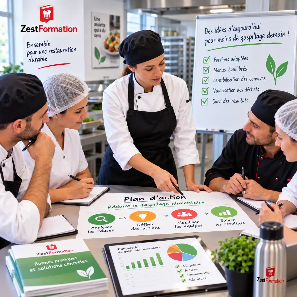 Atelier de formation avec une équipe construisant un plan d’action de réduction du gaspillage alimentaire