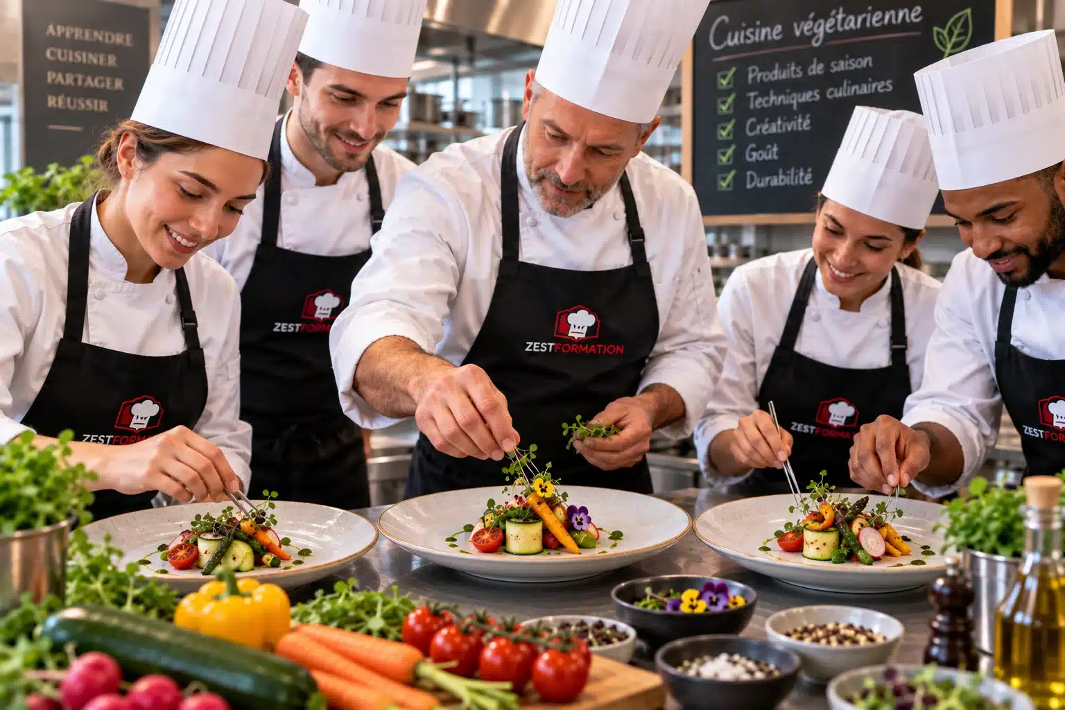 Atelier pratique de cuisine végétarienne avec une équipe de restaurant