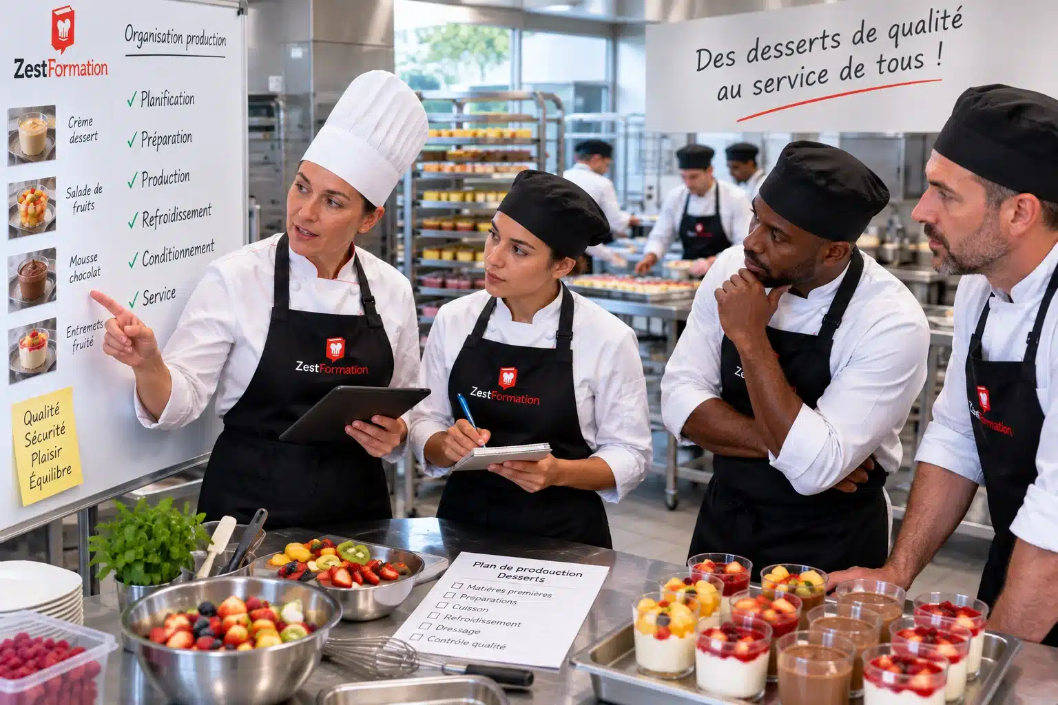 Atelier pratique de desserts avec une équipe en restauration collective