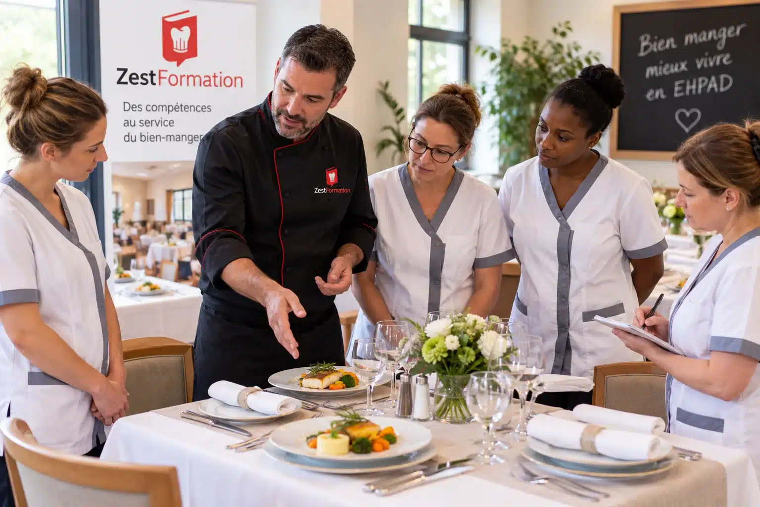 Atelier pratique de dressage et service à table avec une équipe d’EHPAD