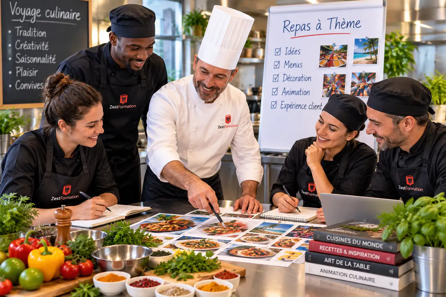 Équipe de restauration en formation pour concevoir un menu de repas à thème