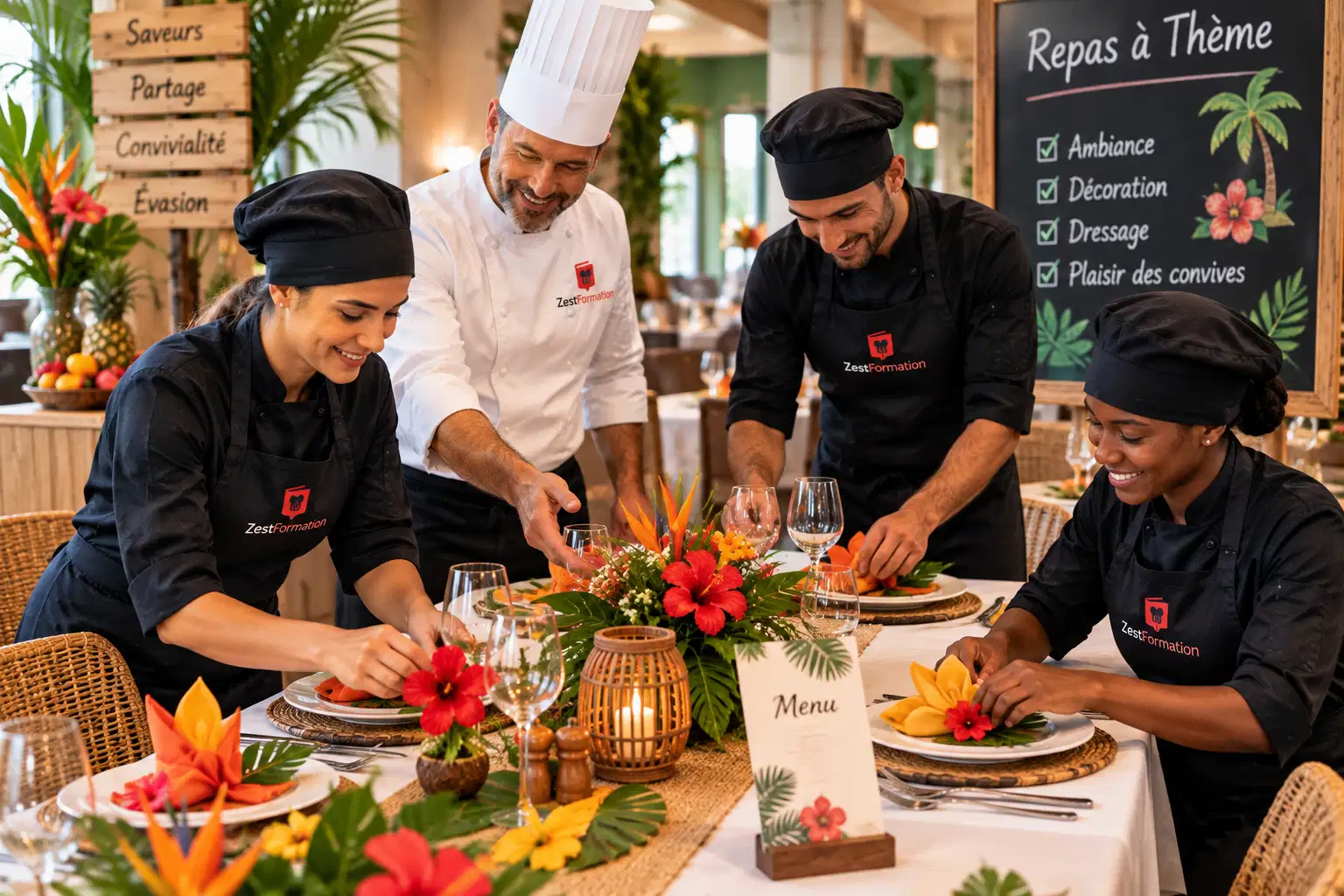 Professionnels de restauration préparant le dressage et la décoration d'une table