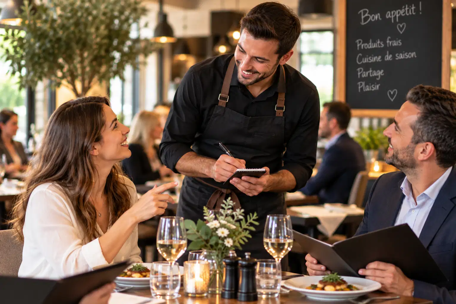 Serveur prenant une commande auprès de deux convives