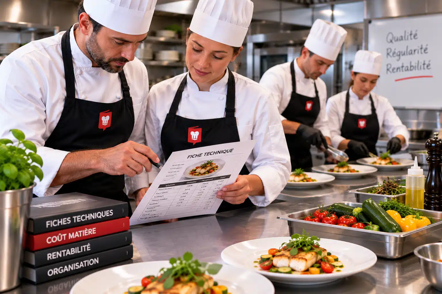 Équipe de cuisine utilisant des fiches techniques en restauration