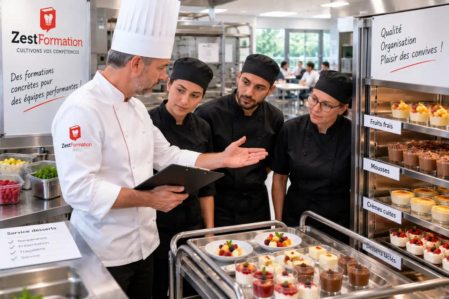 Formateur ZESTFORMATION accompagnant une équipe sur les desserts en restauration collective