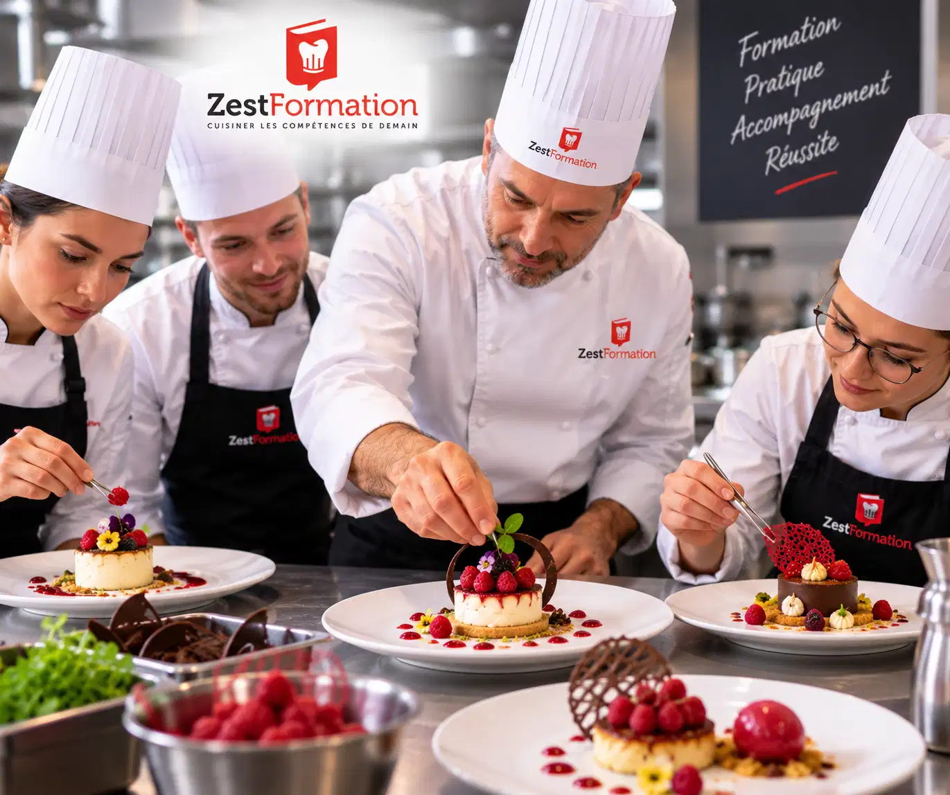 Formateur ZESTFORMATION accompagnant une équipe lors du dressage de desserts