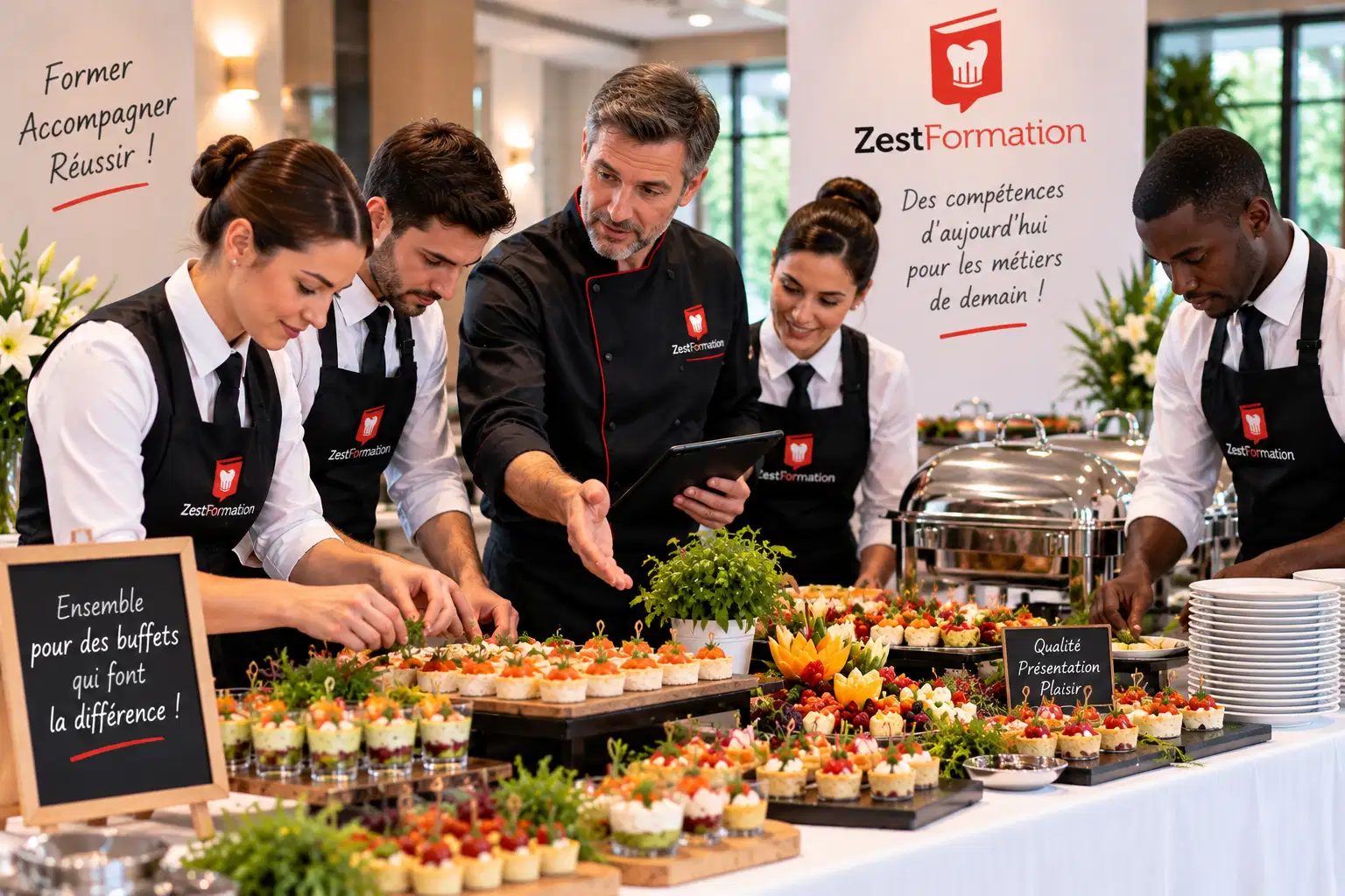 Formateur ZESTFORMATION accompagnant une équipe lors du dressage final d’un buffet