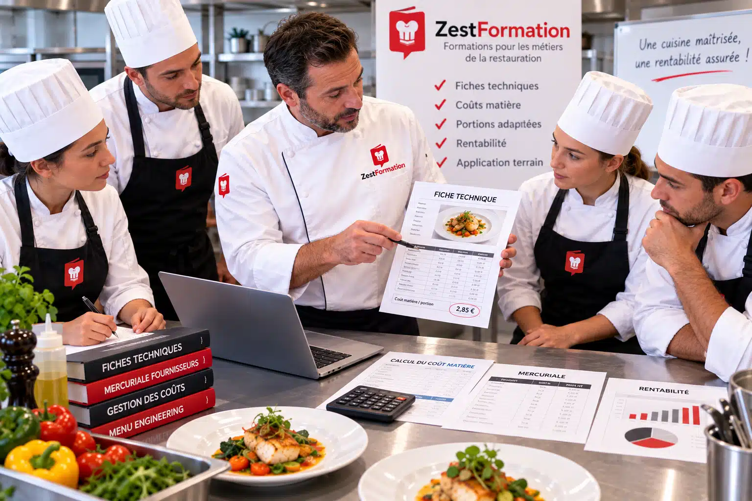 Formateur ZESTFORMATION accompagnant une équipe sur les fiches techniques en restauration