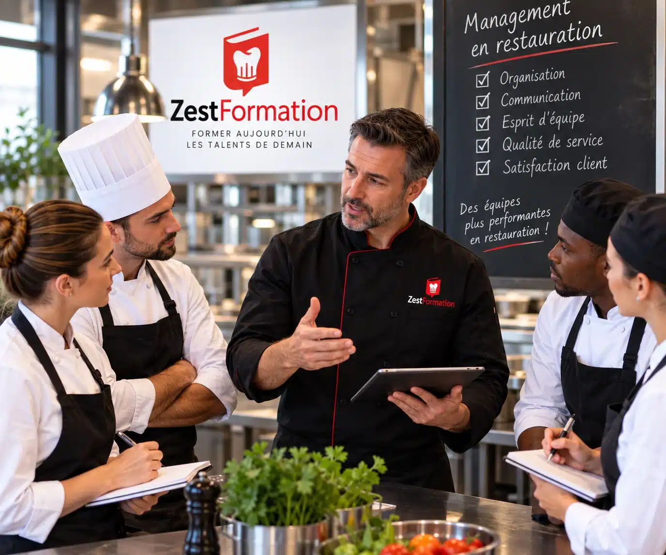 Formateur ZESTFORMATION – Management opérationnel en restauration Formateur ZESTFORMATION accompagnant une équipe en management en restauration