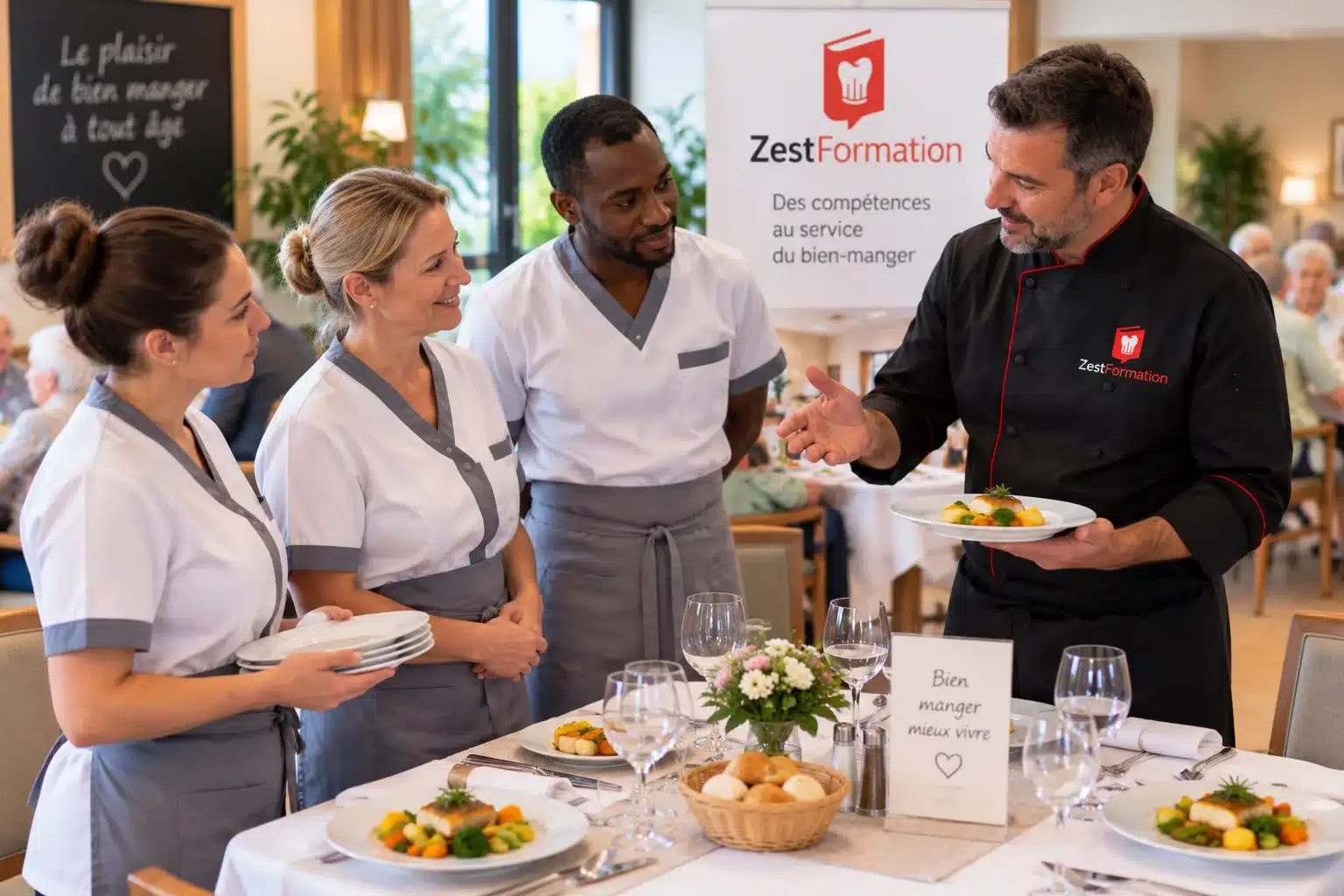 Formateur ZESTFORMATION accompagnant une équipe sur le service en salle en EHPAD