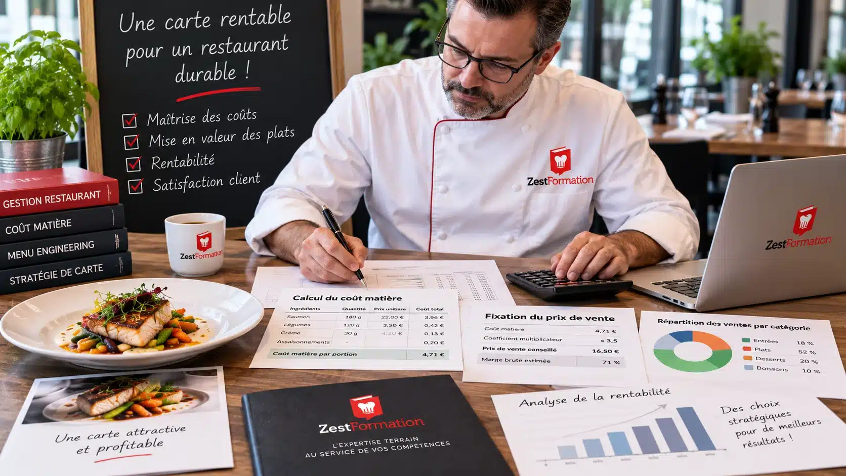 Formation carte restaurant : formateur ZESTFORMATION travaillant sur la rentabilité d’une carte