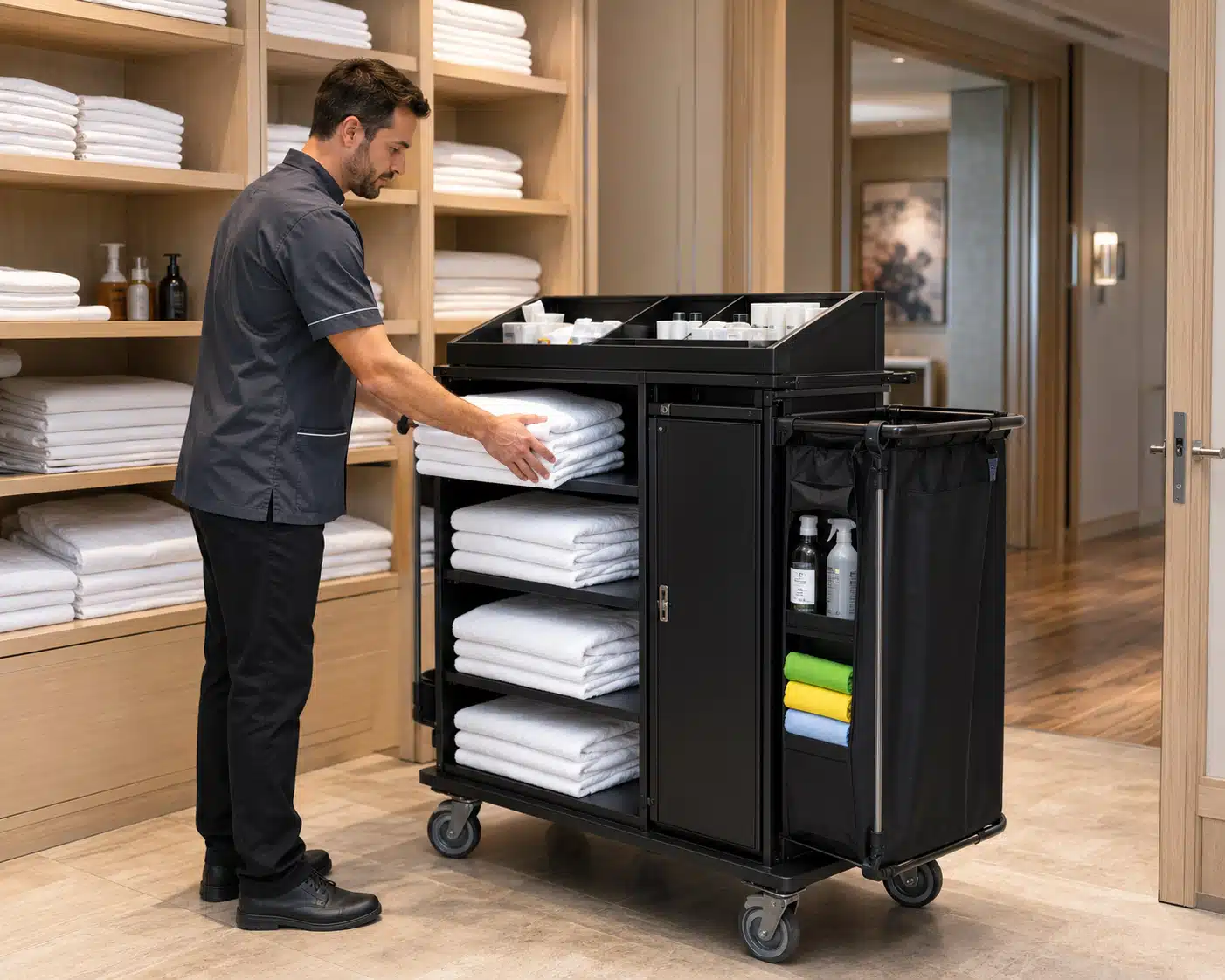 Valet de chambre préparant un chariot avec du linge propre et du matériel d'entretien.