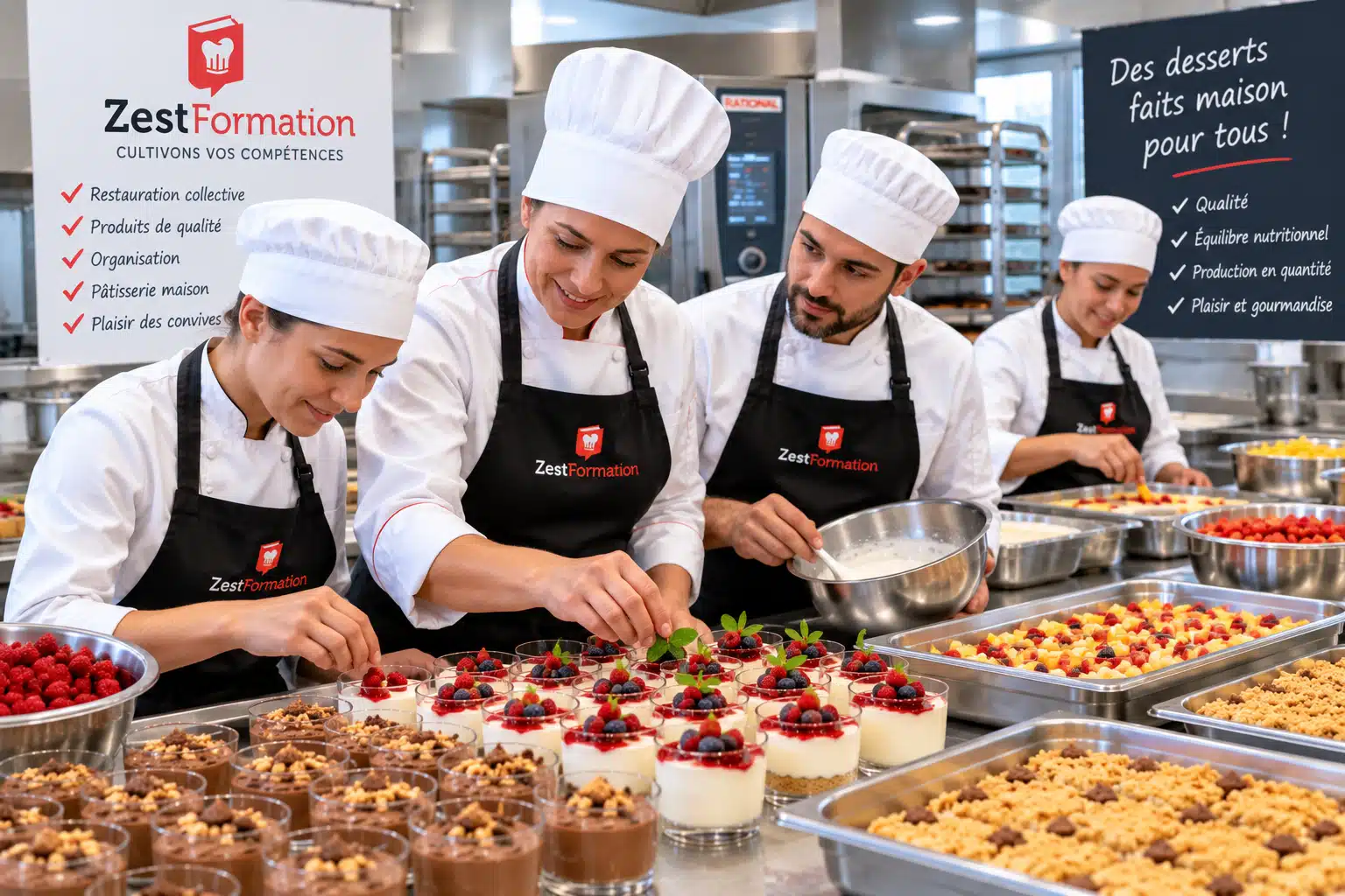 Production de desserts en quantité pendant une formation en restauration collective