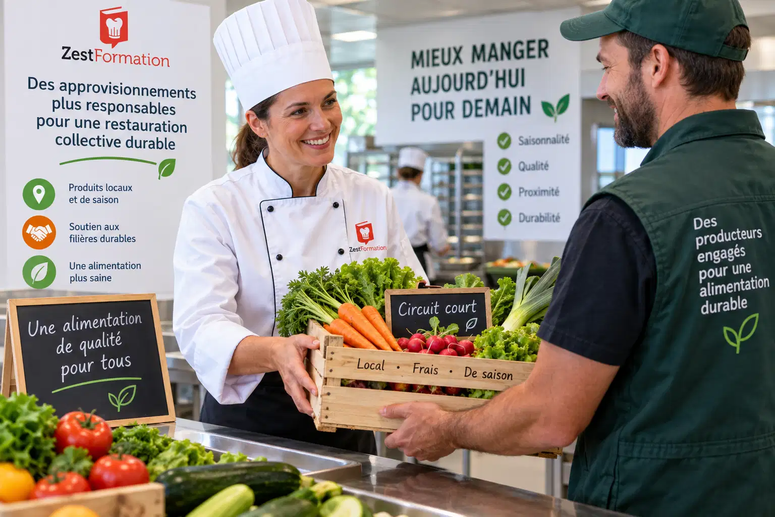 Une cheffe de restauration collective reçoit une caisse de légumes frais d’un producteur local.