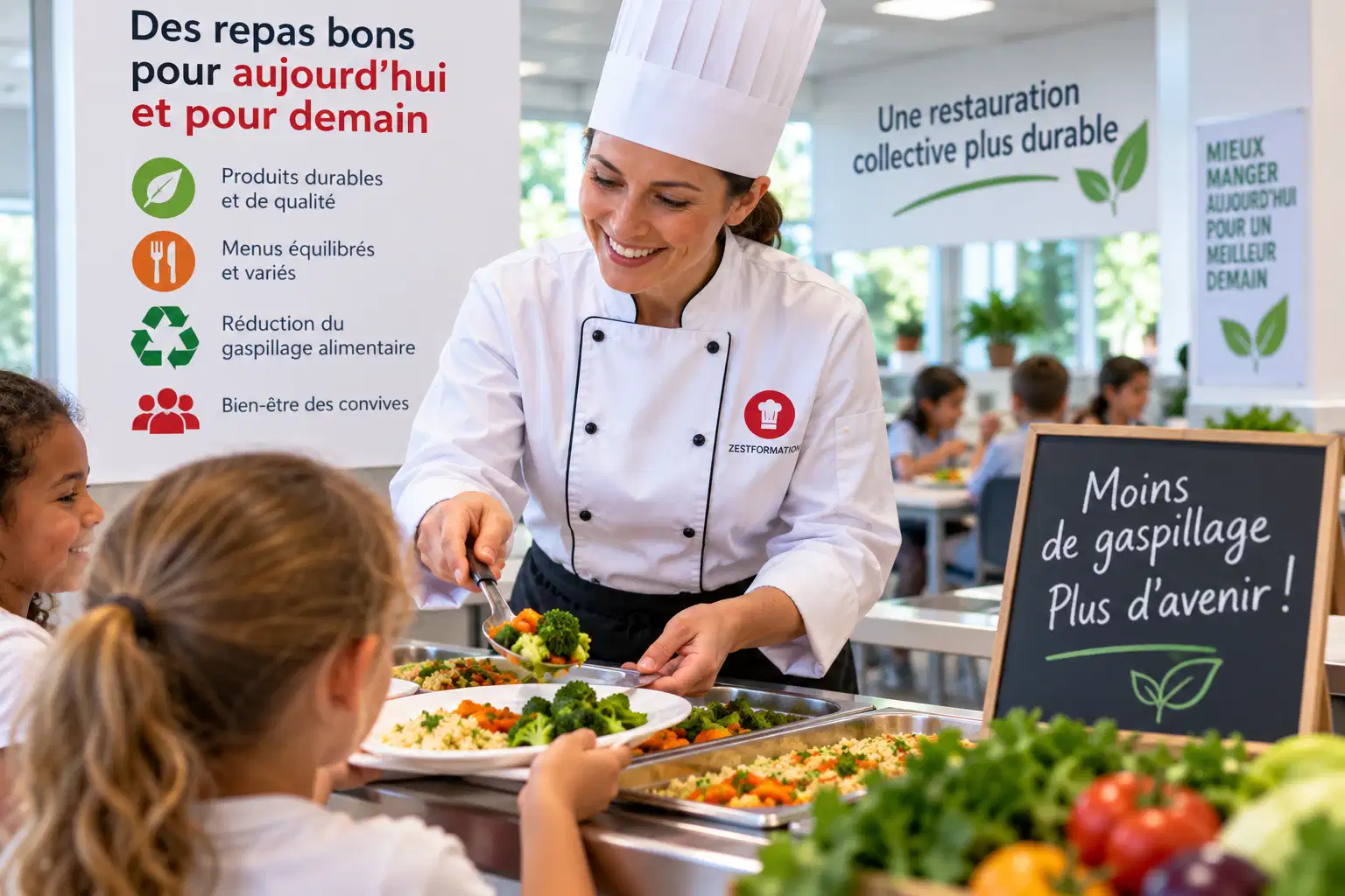 Cheffe de cuisine servant un repas équilibré à des enfants dans une cantine scolaire.
