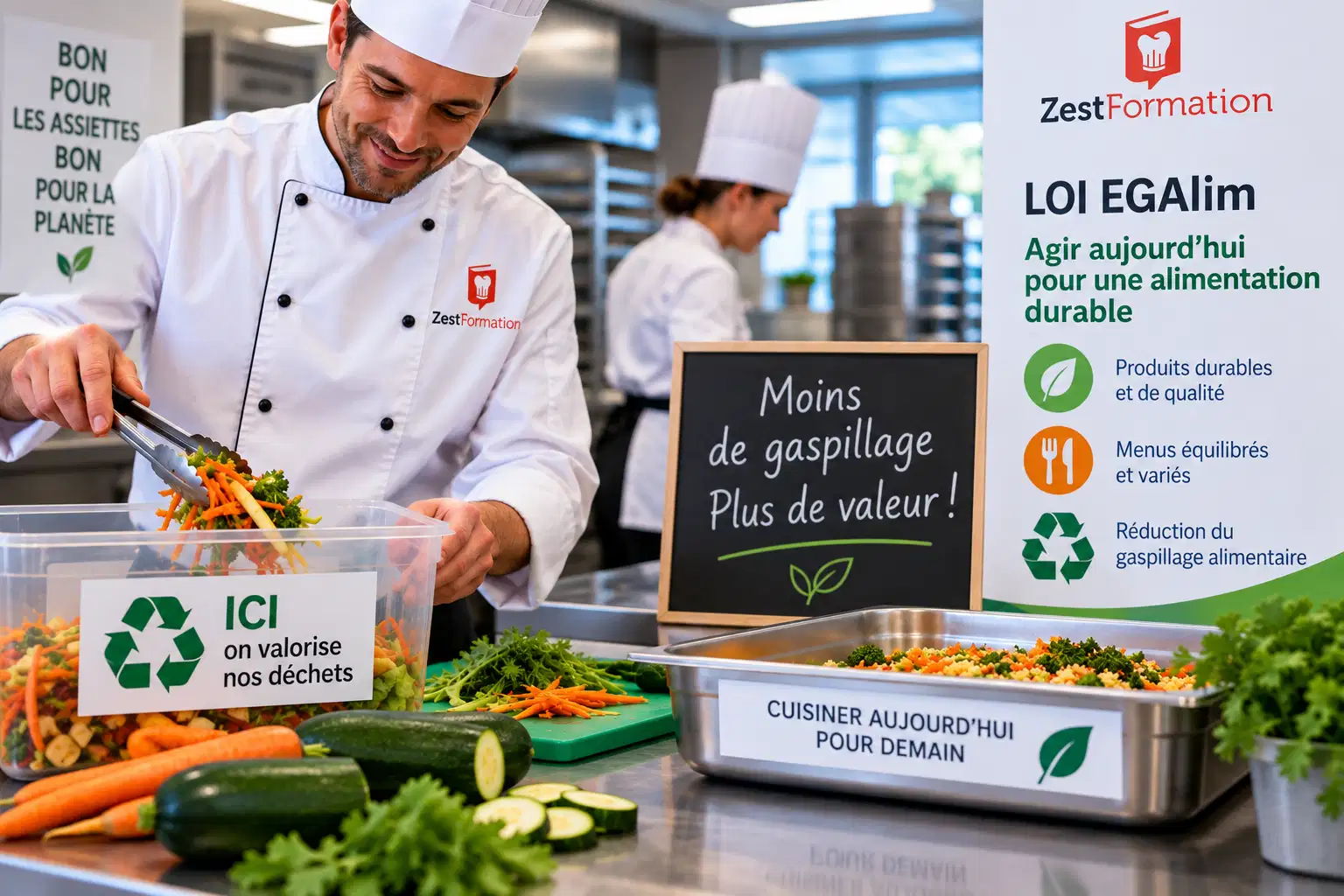 Cuisinier en restauration collective triant des restes de légumes pour réduire le gaspillage alimentaire.