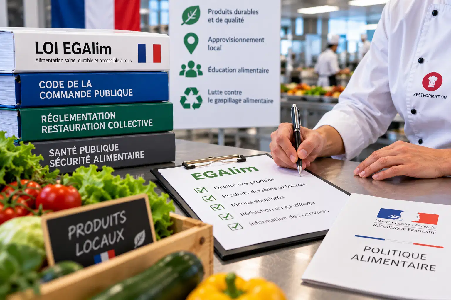 Professionnel de la restauration collective consultant une liste de contrôle sur la réglementation EGAlim.