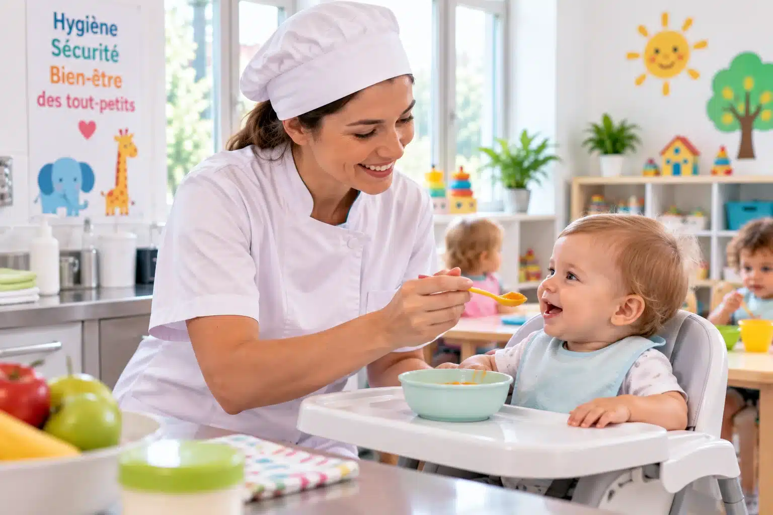 Accompagnement du repas d’un bébé en crèche – Formation HACCP Professionnelle souriante donnant une purée à la cuillère à un bébé installé dans une chaise haute en crèche.