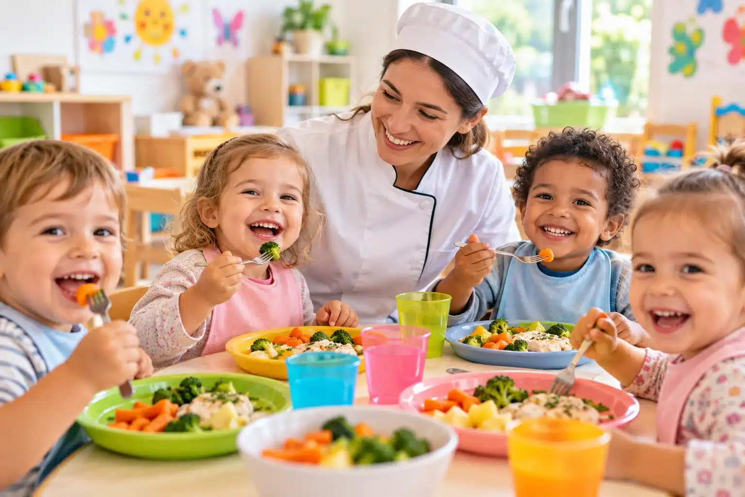 Repas en crèche – Formation HACCP ZESTFORMATION Quatre jeunes enfants souriants prennent leur repas en crèche, accompagnés d’une professionnelle de la restauration.