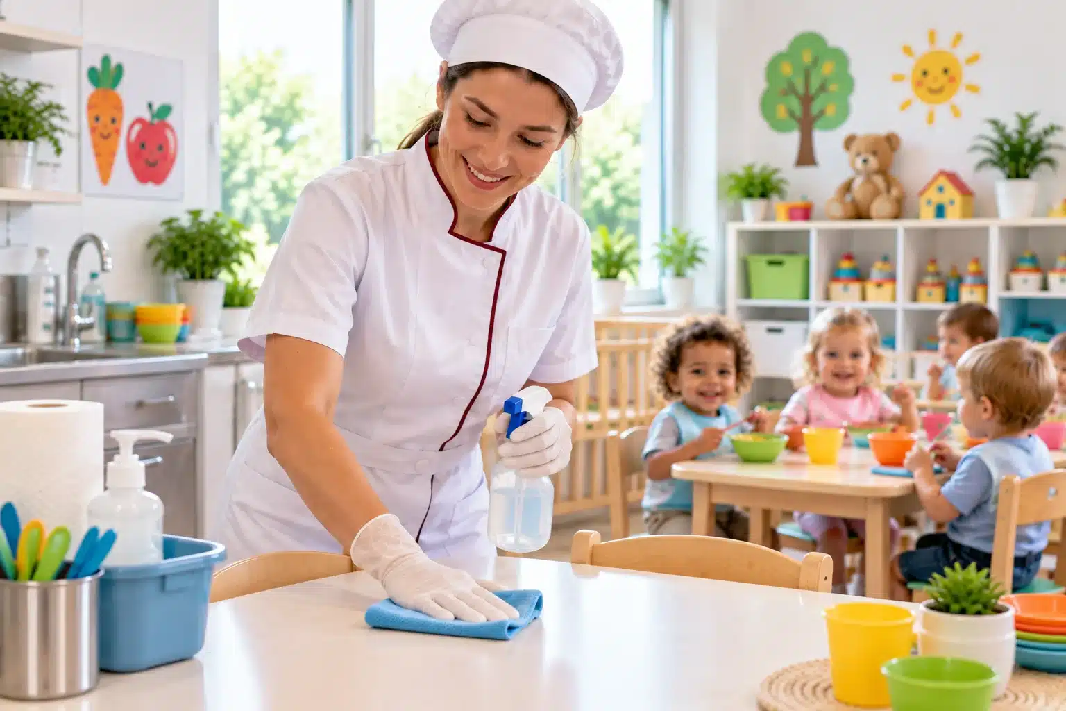 Nettoyage et désinfection en crèche – Formation HACCP Professionnelle souriante nettoyant une table en crèche avec une lavette, tandis que des enfants prennent leur repas à l’arrière-plan.