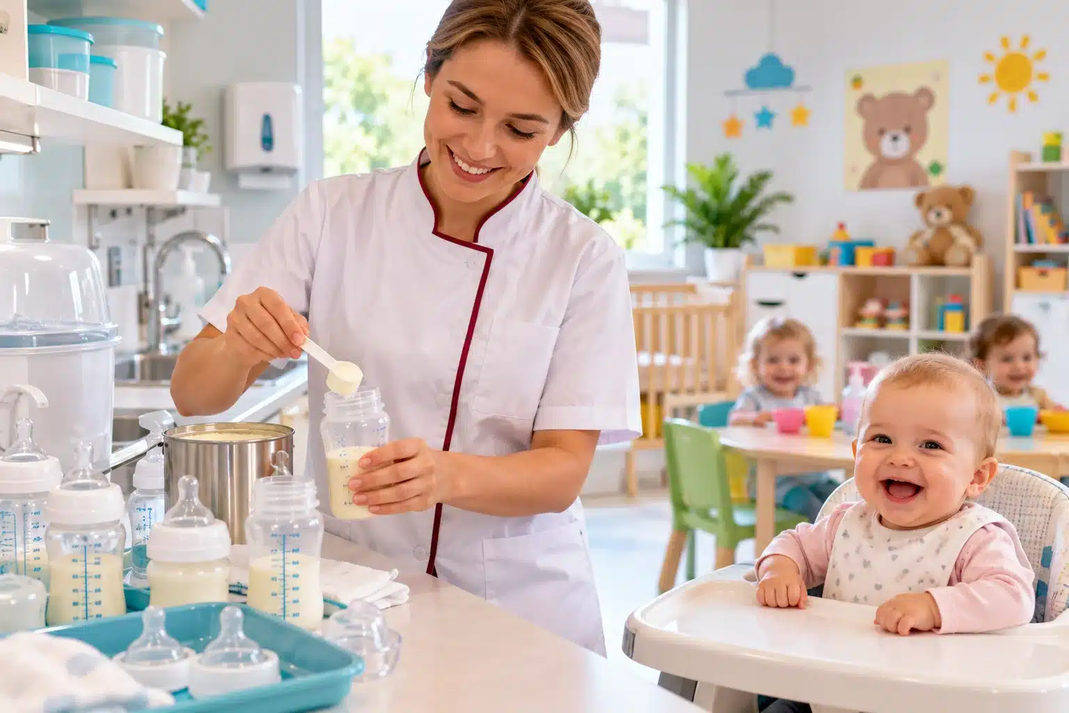 Préparation des biberons en crèche – Formation HACCP Professionnelle de la petite enfance préparant un biberon dans une crèche, près d’un bébé souriant.