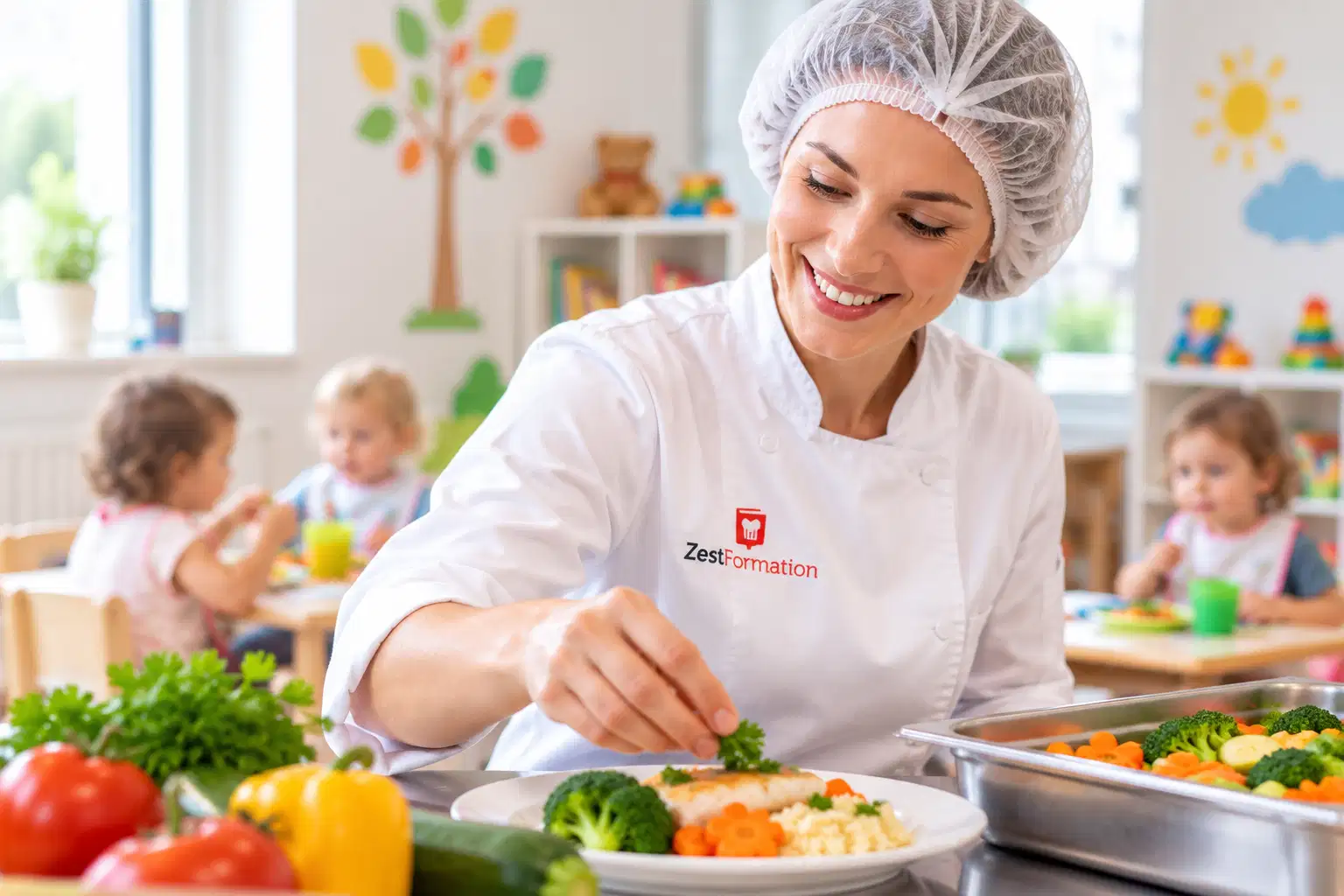 Formation HACCP Crèche – Préparation des repas en petite enfance Jeune professionnelle portant une charlotte d'hygiène et préparant des repas en crèche