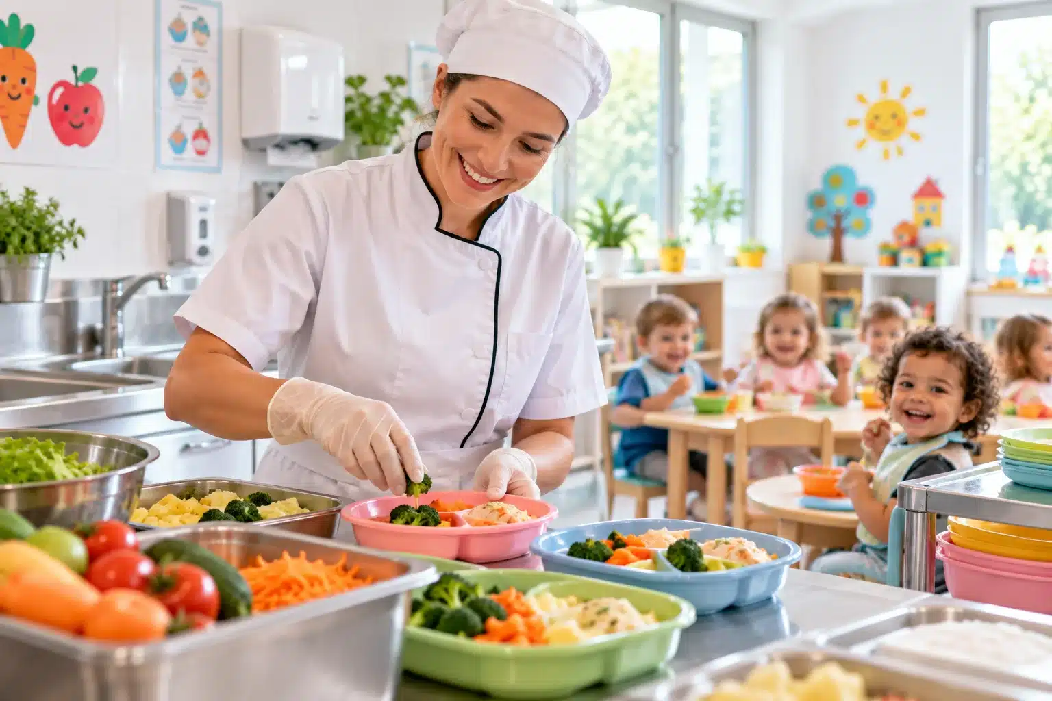Préparation des repas en crèche – Formation HACCP Professionnelle souriante préparant des repas avec des légumes dans une cuisine de crèche, tandis que des enfants prennent leur repas.