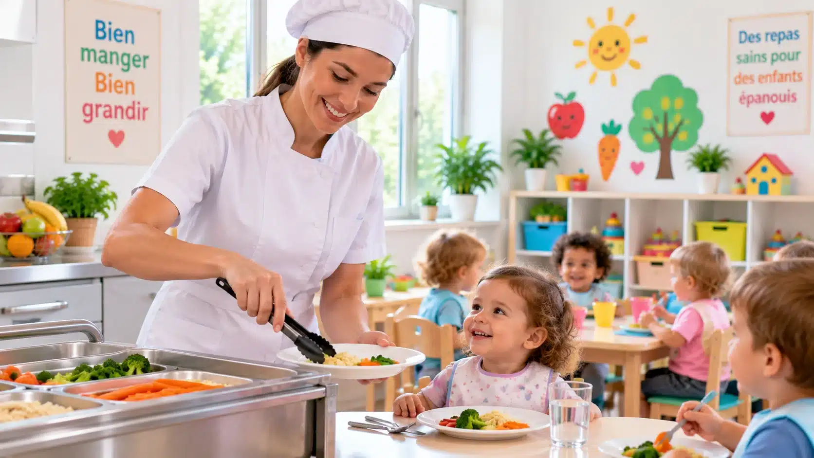 Service des repas en crèche – Formation HACCP Professionnelle souriante servant un repas avec des légumes à une jeune enfant en crèche.