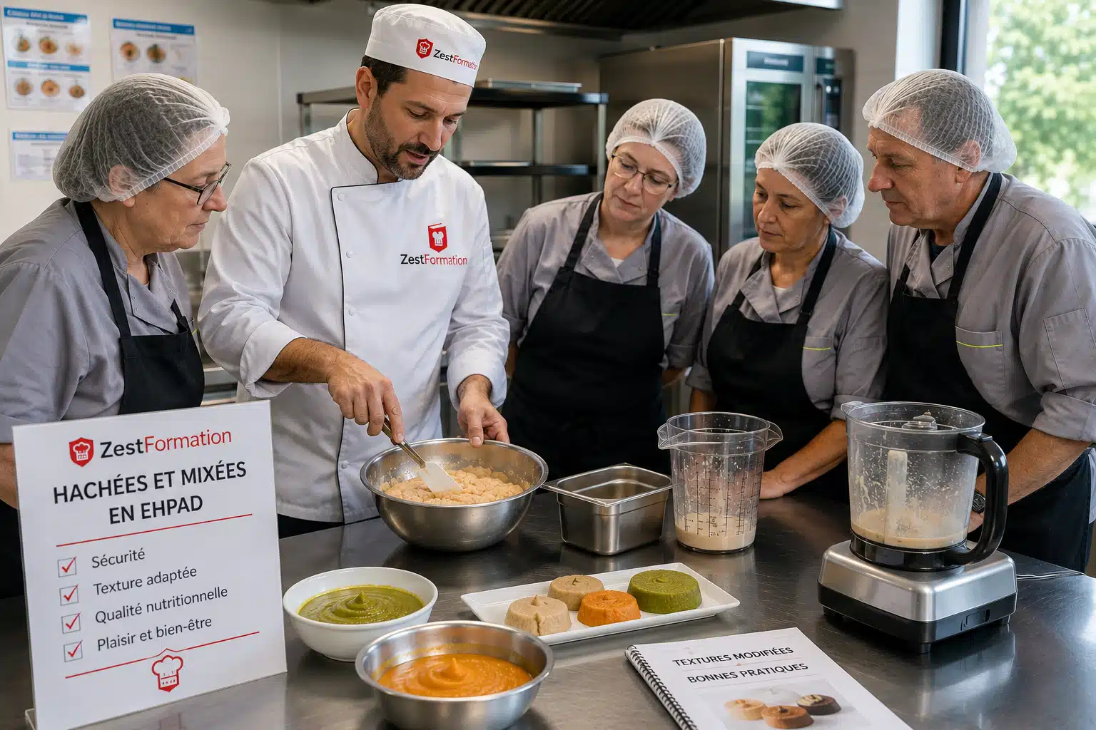 Équipe de cuisine EHPAD en formation pratique