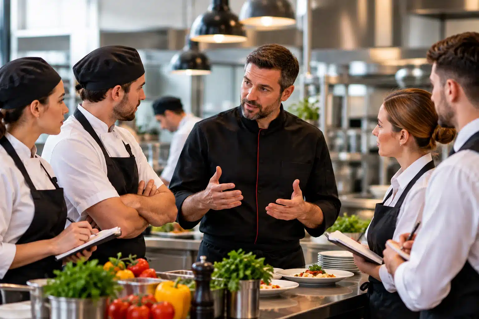 Formation Management Restauration – Encadrement d’équipe Formation management restauration avec un manager encadrant son équipe en cuisine professionnelle