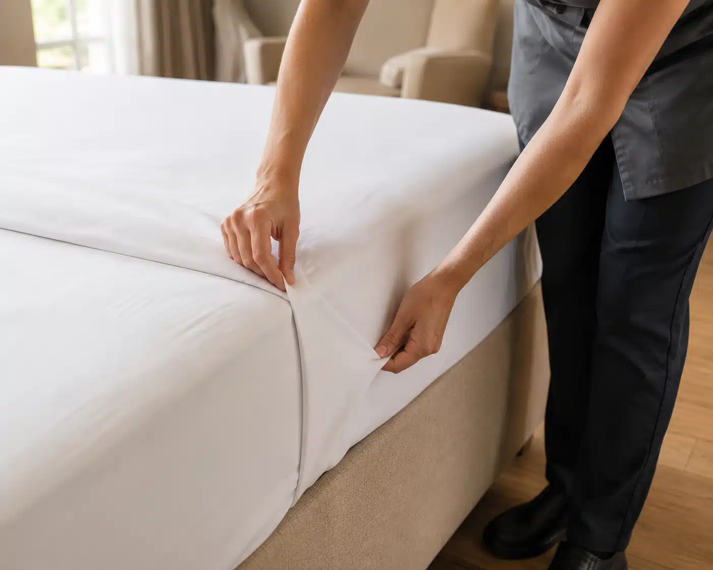 Réfection d'un lit hôtelier : pliage soigné du drap à l'angle du matelas.