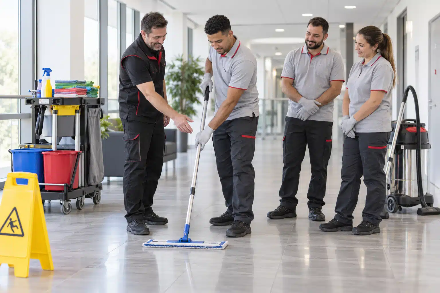Agents de propreté apprenant les techniques professionnelles de nettoyage des sols